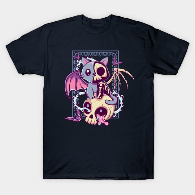 Skull Cat Kawaii Gothic T-Shirt by DionArts